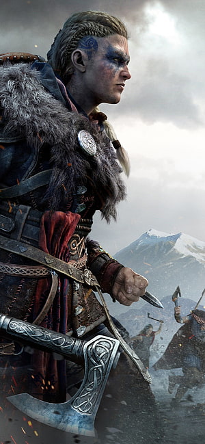 Eivor from Assassin's Creed Valhalla gripping a battle axe on a snowy battlefield HD phone wallpaper