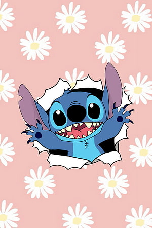 Stitch Popping Through a Daisyl Patterned Pink Background HD phone wallpaper