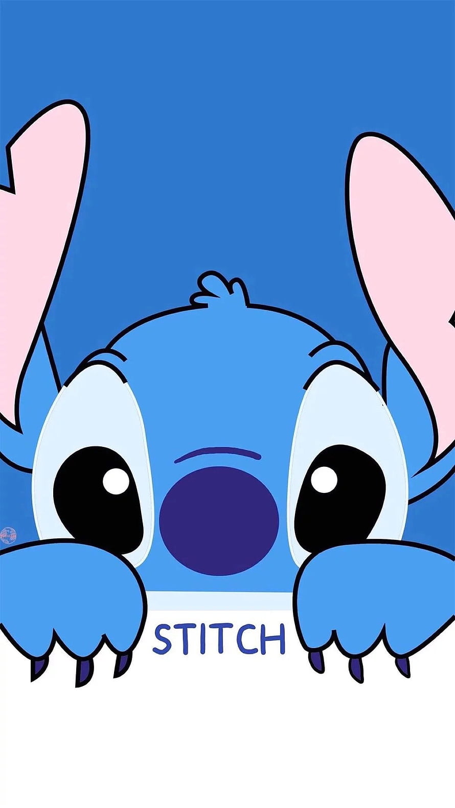 Cute Stitch Peeking Over White Edge with Blue Background and Large Expressive Eyes HD phone wallpaper