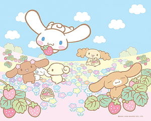Cinnamoroll and Friends Picking Strawberries in a Pastel Flower Field HD wallpaper