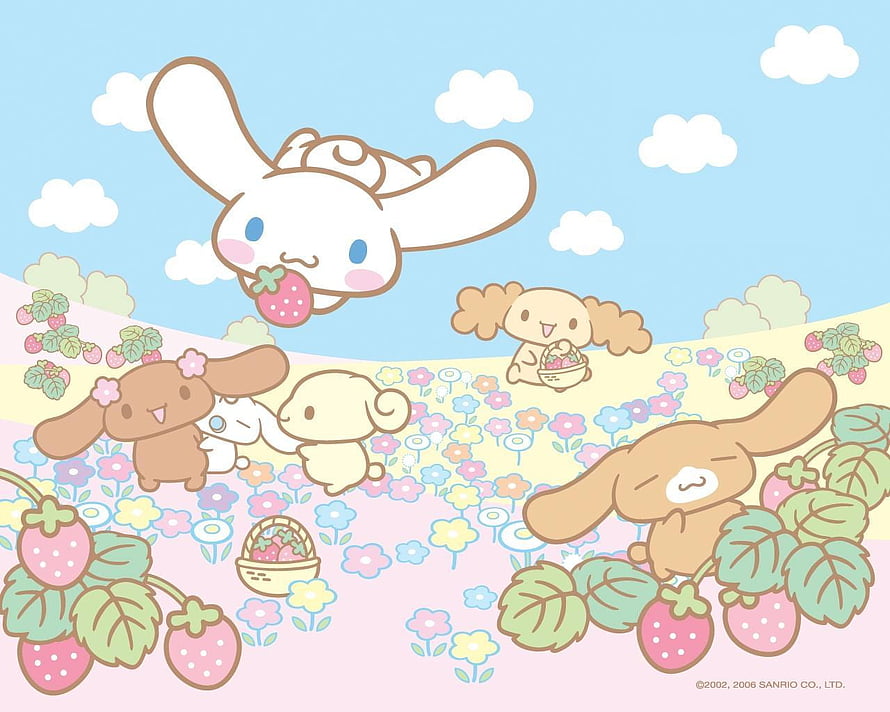 Cinnamoroll and Friends Picking Strawberries in a Pastel Flower Field HD wallpaper