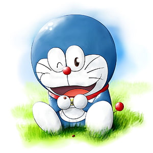 Doraemon Sitting on Grass with a Cheerful Wink and Red Bell HD phone wallpaper