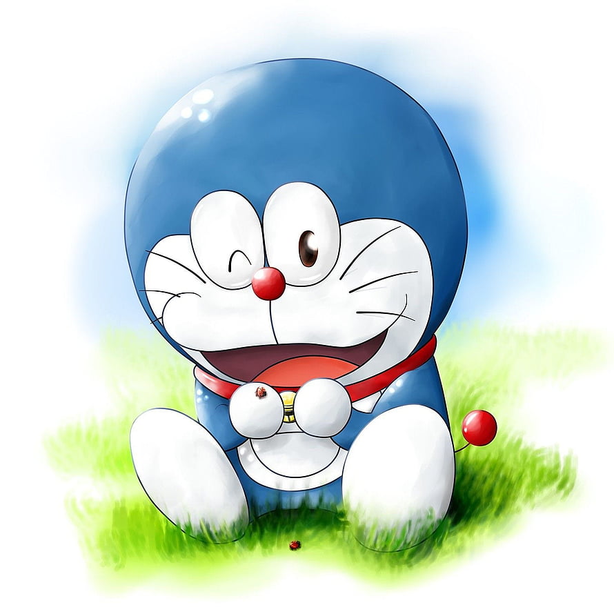 Doraemon Sitting on Grass with a Cheerful Wink and Red Bell HD phone wallpaper