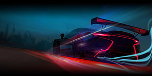 Sleek Black Sports Car with Neon Red Taillights and Rear Wing on Night Road HD wallpaper