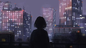 Silhouette of a Person Gazing at a Neon-Lit City Skyline at Night in Anime Style HD wallpaper