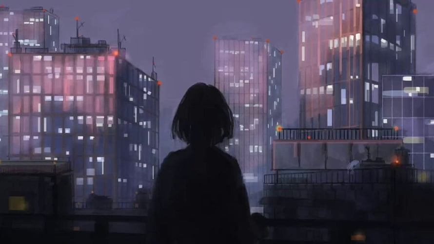 Silhouette of a Person Gazing at a Neon-Lit City Skyline at Night in Anime Style HD wallpaper