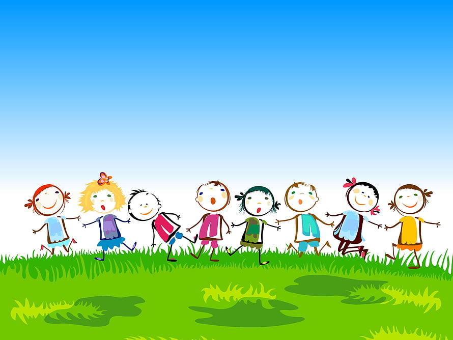 Colorful cartoon children running together on a green grassy field under a clear blue sky HD wallpaper