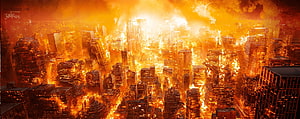 Cinematic Aerial View of a Metropolis Enveloped in Intense Flames and Thick Smoke HD wallpaper