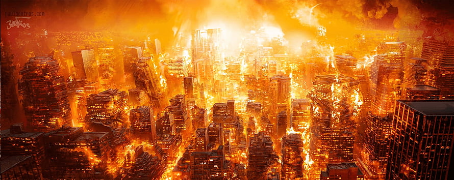 Cinematic Aerial View of a Metropolis Enveloped in Intense Flames and Thick Smoke HD wallpaper