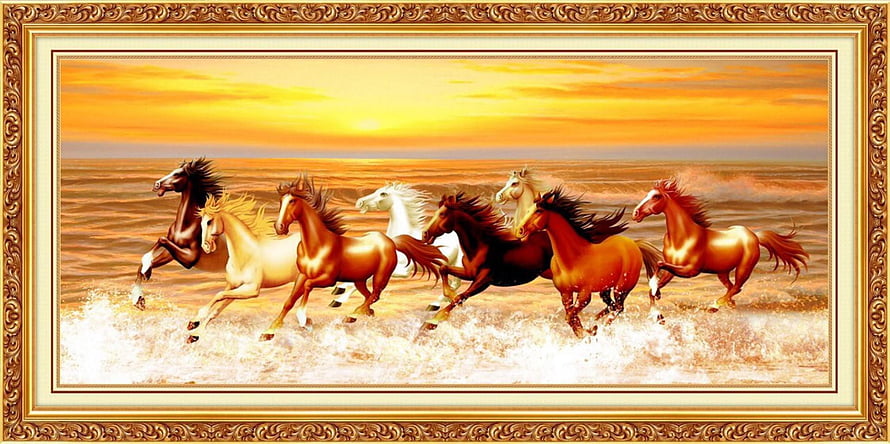 Seven Horses Galloping Through Water at Sunset in Ornate Gold Frame HD wallpaper