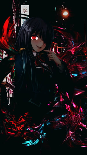 Tokisaki Kurumi from Date A Live in a dark neon cityscape with glowing red eyes and crimson energy effects HD phone wallpaper