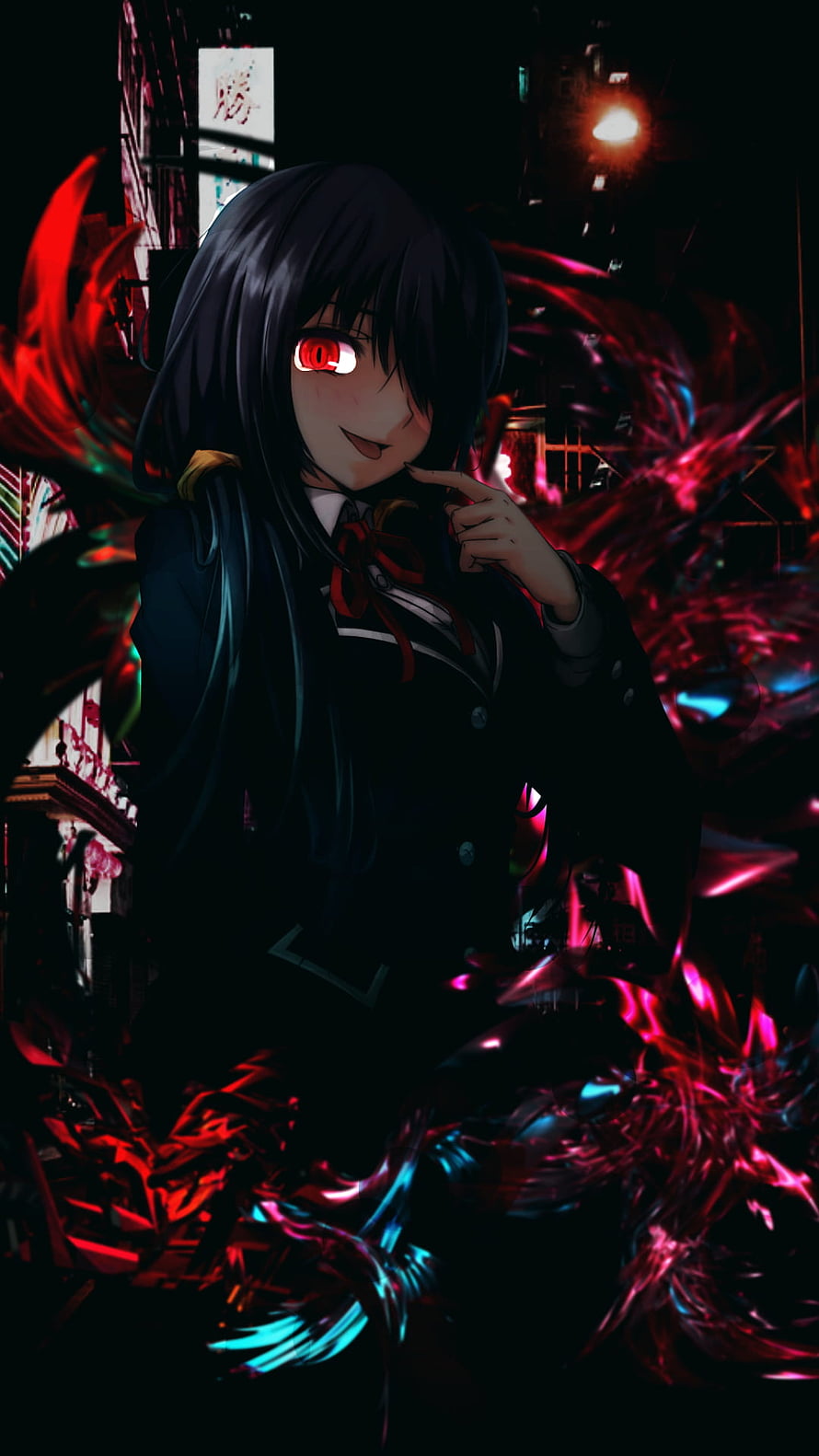 Tokisaki Kurumi from Date A Live in a dark neon cityscape with glowing red eyes and crimson energy effects HD phone wallpaper
