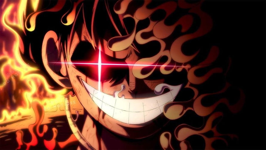 Luffy Gear 5 Infobox Anime Wallpaper with Fiery Flames and Glowing Red Eyes HD wallpaper