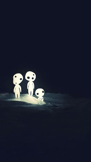 Ghibli Kodama Forest Spirits Standing on Moonlit Ground in Dark Night Scene HD phone wallpaper