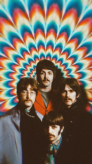 The Beatles Group Portrait Against Vibrant Psychedelic Kaleidoscope Background HD phone wallpaper