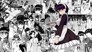 Komi Can't Communicate manga art featuring Komi in a maid outfit surrounded by a dense crowd of characters HD wallpaper