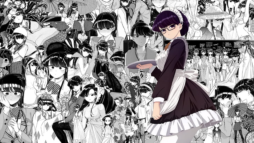 Komi Can't Communicate manga art featuring Komi in a maid outfit surrounded by a dense crowd of characters HD wallpaper