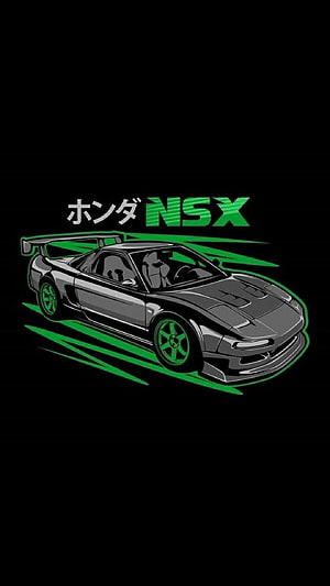 Honda NSX JDM Cartoon Illustration with Green Speed Lines on Black Background HD phone wallpaper