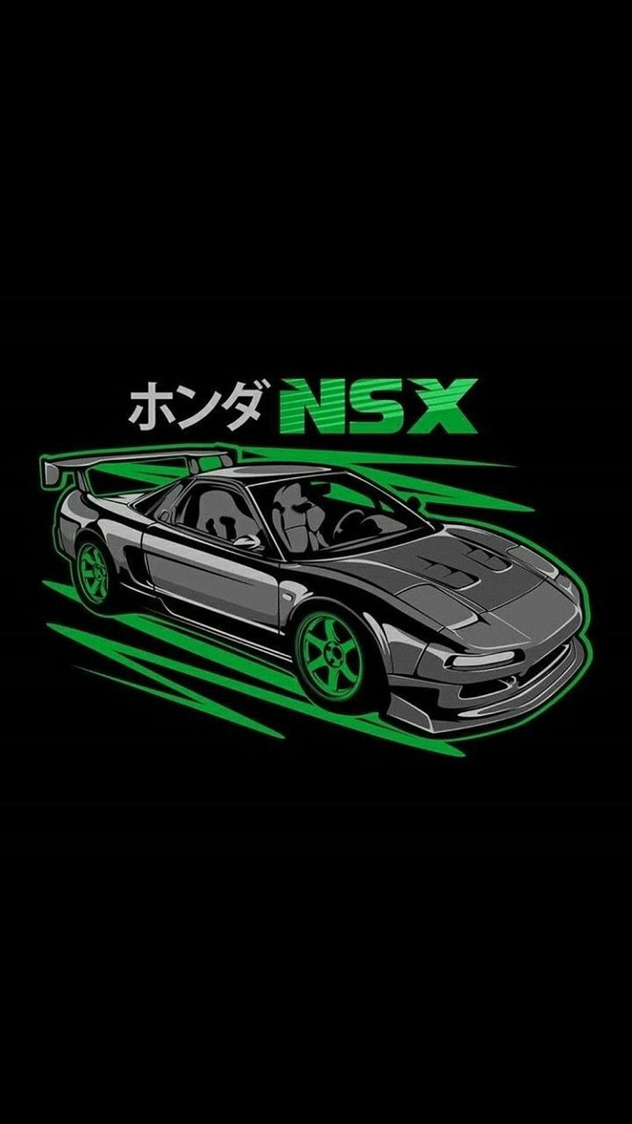Honda NSX JDM Cartoon Illustration with Green Speed Lines on Black Background HD phone wallpaper