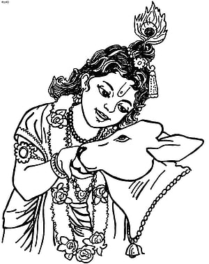 Krishna with Peacock Feather and Cow Black and White Line Art Illustration HD phone wallpaper