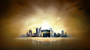 Makkah Cityscape with the Kaaba Under a Golden Sky and Dramatic Clouds HD wallpaper