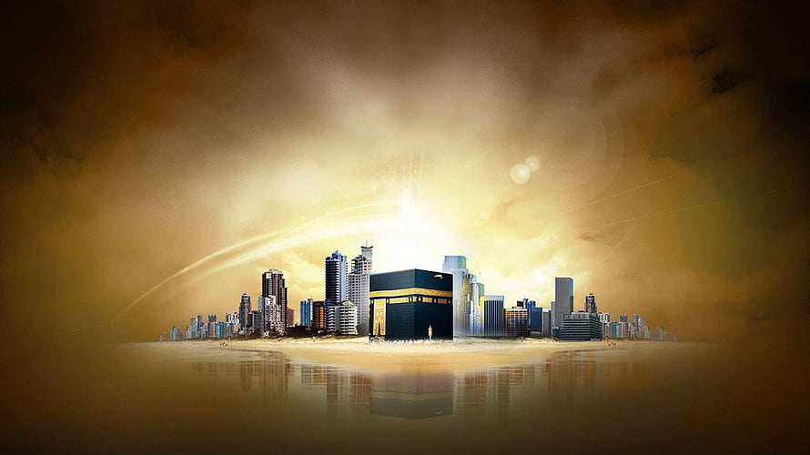 Makkah Cityscape with the Kaaba Under a Golden Sky and Dramatic Clouds HD wallpaper