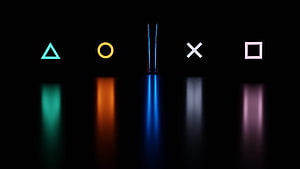 PlayStation 5 Controller Button Icons Glowing on Dark Reflective Surface HD wallpaper
