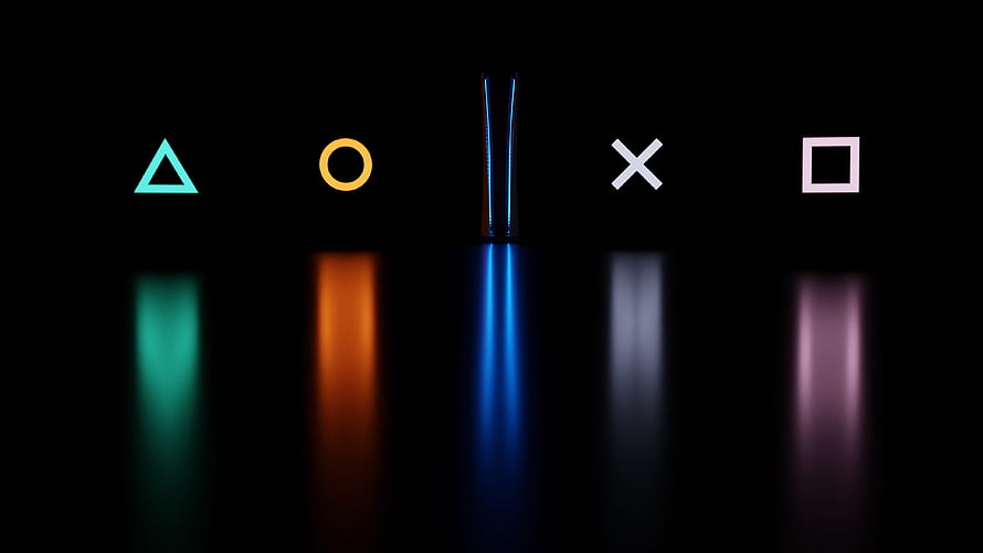 PlayStation 5 Controller Button Icons Glowing on Dark Reflective Surface HD wallpaper