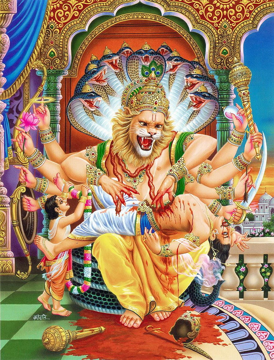 Lord Narasimha Vamana Avatar Depiction in Traditional Indian Mythological Art Style HD phone wallpaper