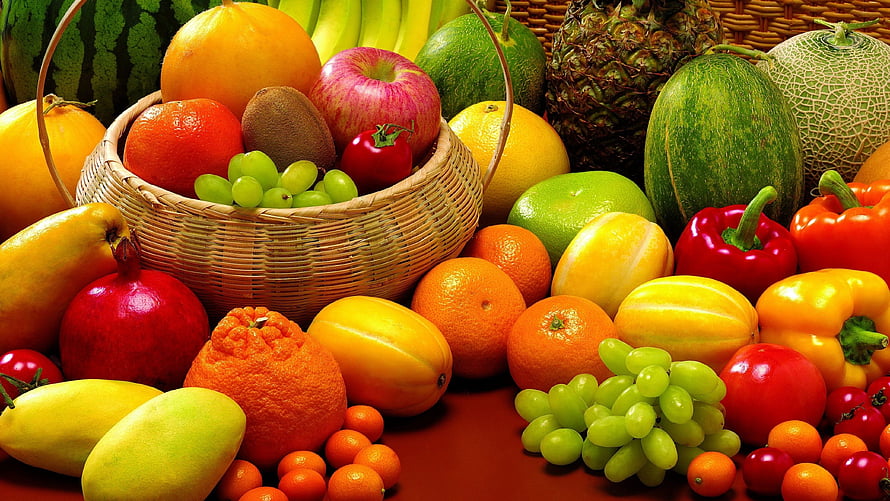 Colorful Fruit and Vegetable Still Life with Wicker Basket HD wallpaper