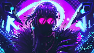 Mysterious Anime Character with Glowing Pink Eyes and Neon Purple Aura HD wallpaper