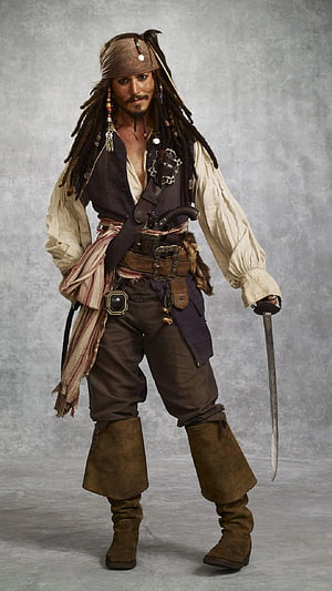 Captain Jack Sparrow Full Body Portrait in Pirate Costume Holding Sword HD phone wallpaper