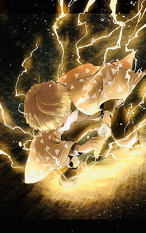 Zenitsu Agatsuma unleashing thunderclap lightning in dramatic anime illustration HD phone wallpaper