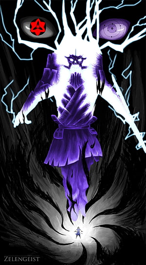 Sasuke Uchiha Rinnegan and Sharingan Eyes in Dark Purple Chakra Aura HD phone wallpaper
