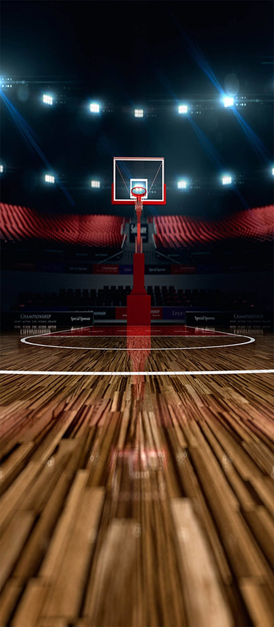 Empty Basketball Court Under Bright Arena Lights With Red Hoop and Wooden Floor HD phone wallpaper
