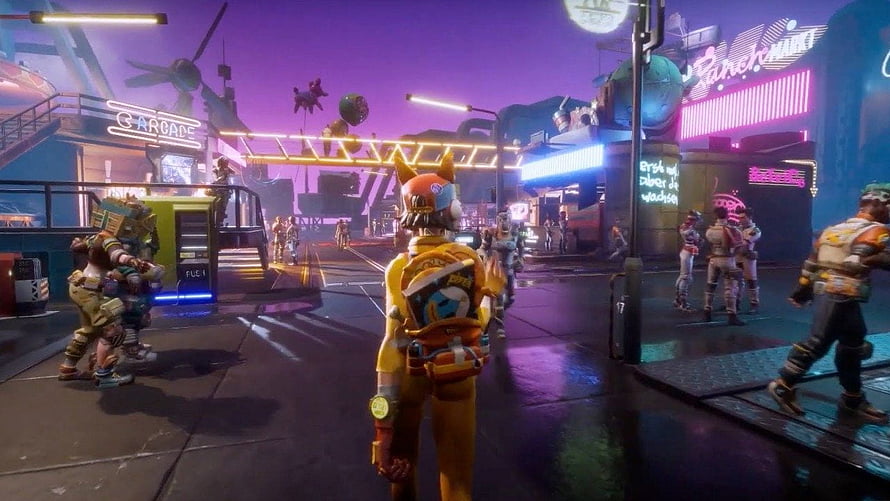 Farlight 84 Neon Night Market Scene With Armored Characters HD wallpaper