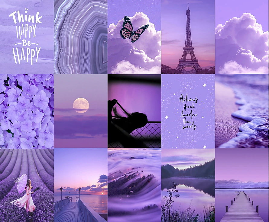 Purple Aesthetic Collage Featuring Lavender Fields, Eiffel Tower, and Inspirational Quotes HD wallpaper