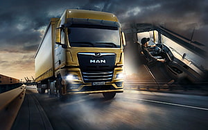 Gold MAN TGX Heavy-Duty Truck Driving on Highway at Dusk with Dramatic Sky HD wallpaper