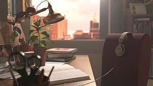 Cozy Lofi Study Room with Desk, Headphones, and City View at Sunset HD wallpaper
