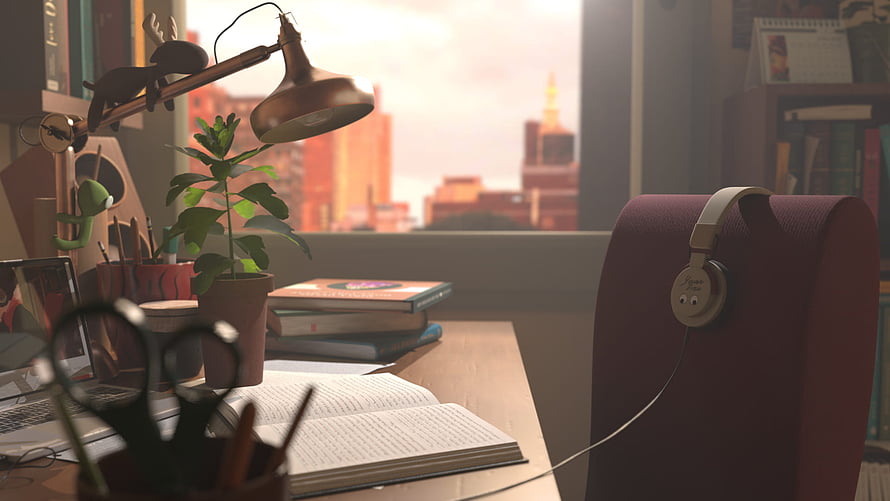 Cozy Lofi Study Room with Desk, Headphones, and City View at Sunset HD wallpaper