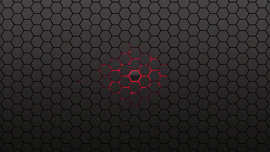 Dark Hexagonal Grid Pattern with Glowing Red Center Accent HD wallpaper
