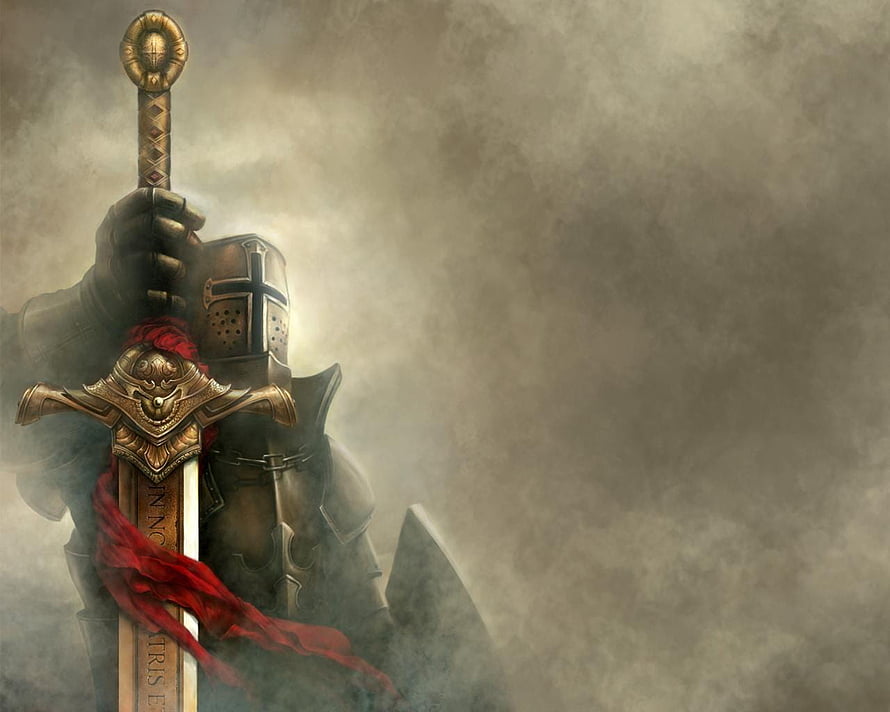 Medieval Knight in Full Plate Armor Holding Ornate Crusader Sword in Misty Atmosphere HD wallpaper