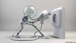 Creative 3D Render of a Light Bulb Robot Plugging into a Wall Socket HD wallpaper