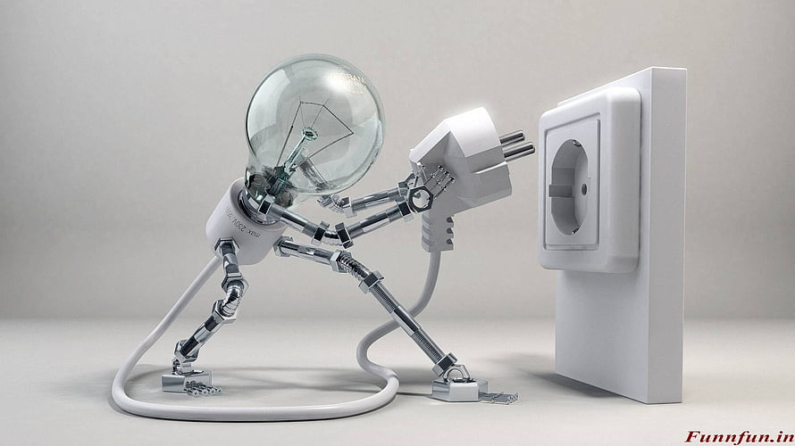 Creative 3D Render of a Light Bulb Robot Plugging into a Wall Socket HD wallpaper