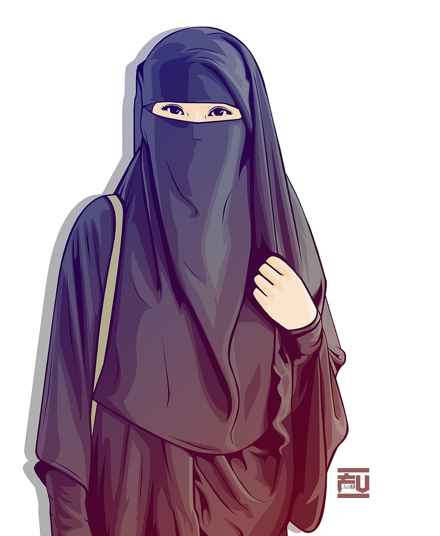Digital Illustration of a Woman Wearing a Dark Purple Niqab and Abaya HD phone wallpaper