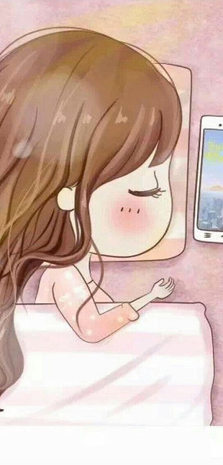 Cute Anime Girl Sleeping in Bed with Phone on Nightstand HD phone wallpaper