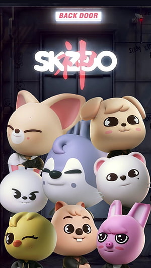 SKZOO 3D Animated Characters Group Portrait in Front of Back Door Sign HD phone wallpaper