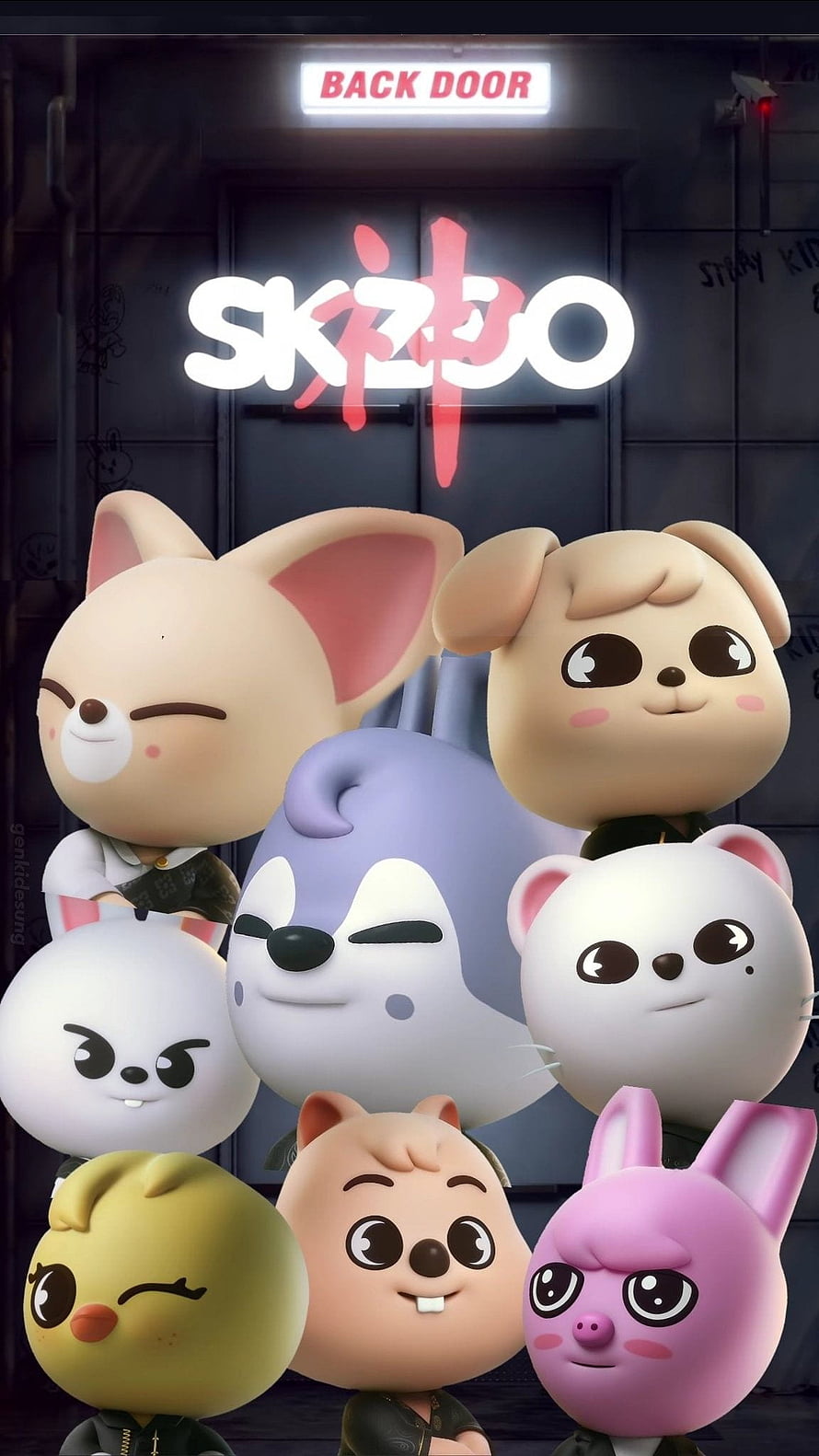 SKZOO 3D Animated Characters Group Portrait in Front of Back Door Sign HD phone wallpaper