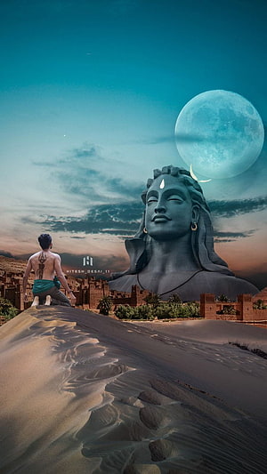 Lord Shiva Giant Statue in Desert Landscape with Full Moon and Meditating Figure HD phone wallpaper
