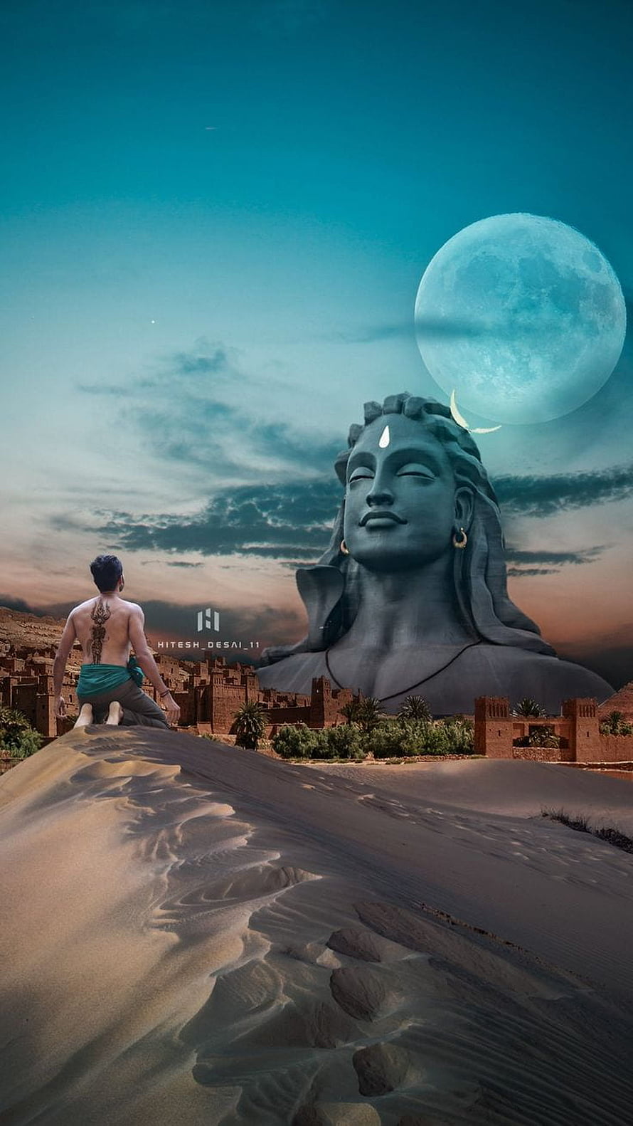 Lord Shiva Giant Statue in Desert Landscape with Full Moon and Meditating Figure HD phone wallpaper